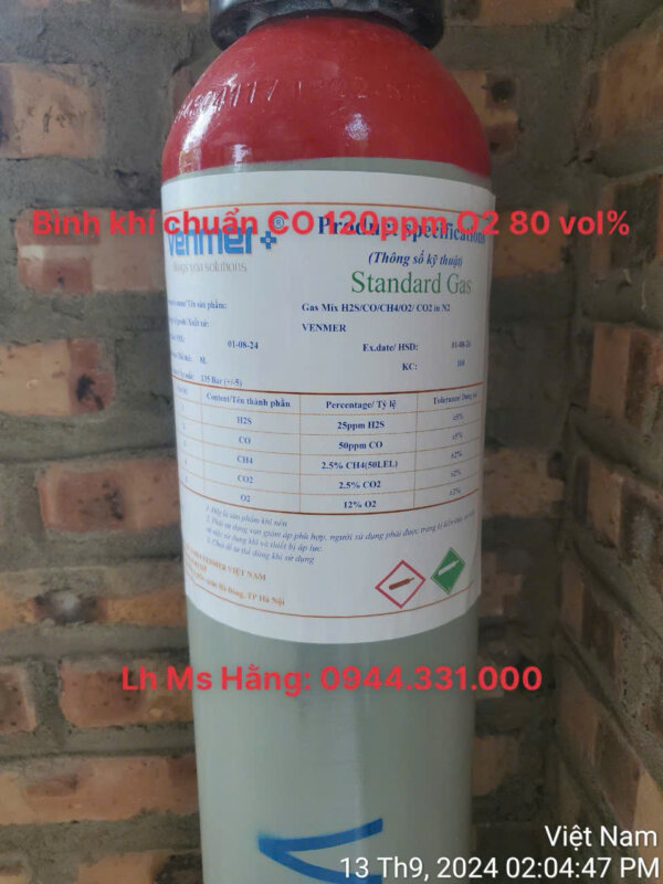 Bình khí chuẩn CO 120ppm O2 80 vol%