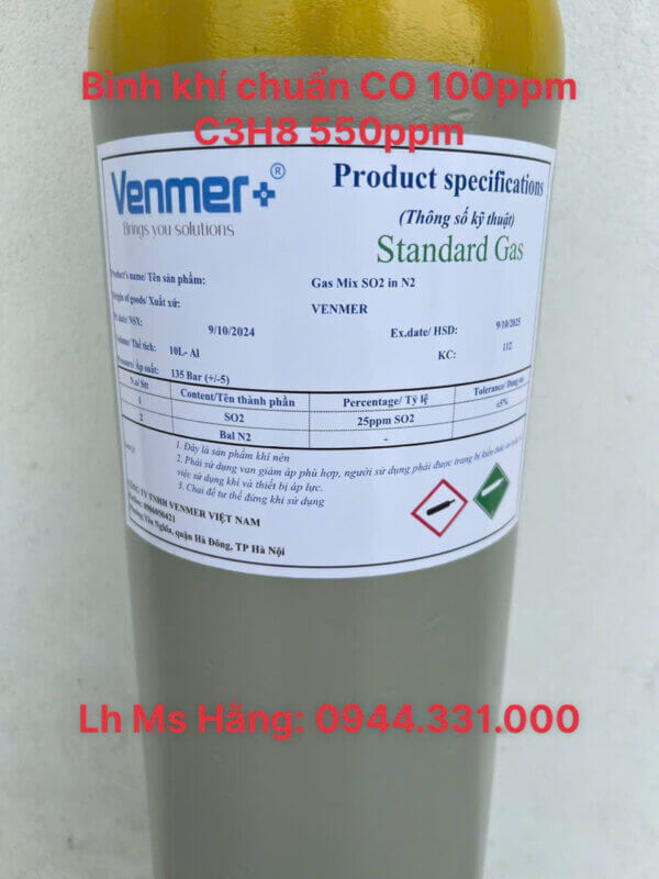 Bình khí chuẩn CO 100ppm C3H8 550ppm