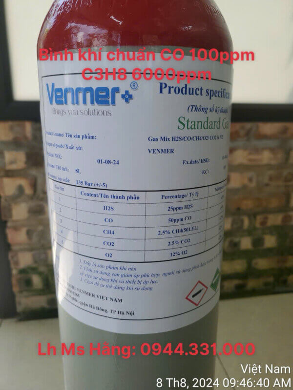 Bình khí chuẩn CO 100ppm C3H8 6000ppm