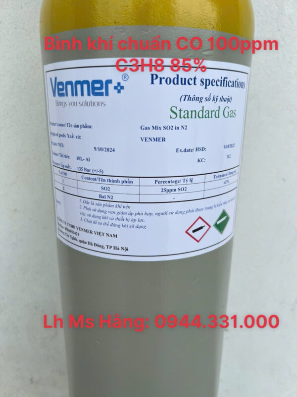 Bình khí chuẩn CO 100ppm C3H8 85%