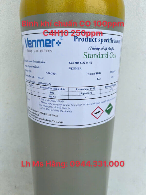 Bình khí chuẩn CO 100ppm C4H10 250ppm